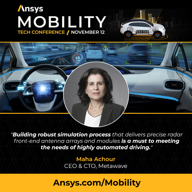 renee_demay's tweet photo. Are you ready for the future of transportation and mobility? Register for #AnsysMobility today for your chance to hear from those redefining the transportation industry like Metawave’s CEO Maha Achour! https://t.co/9MBoQRm9So #Ansys https://t.co/aMi21uZWNL