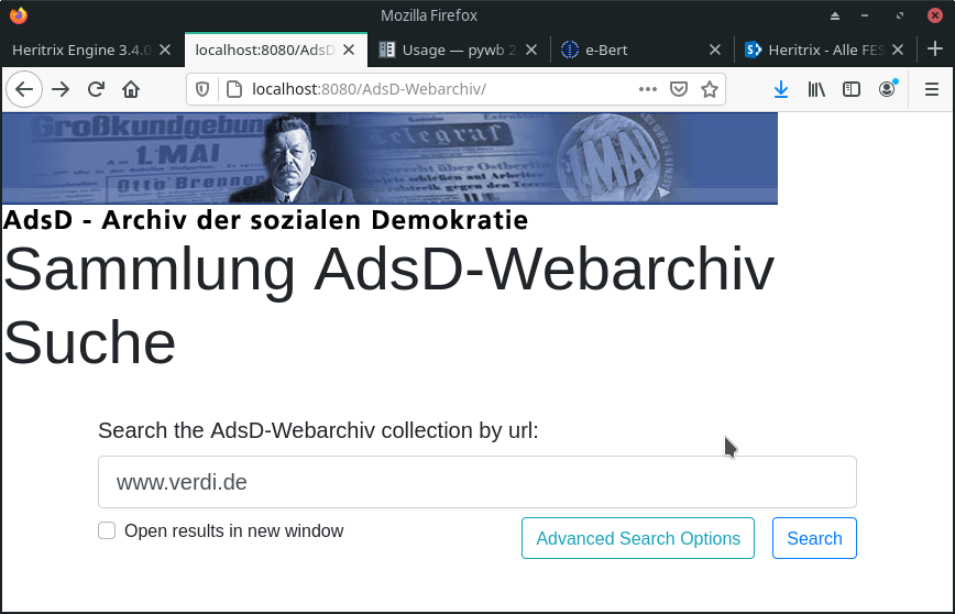 FEShistory's tweet photo. The first steps towards a new web archive solution for our reading room: #Pywb runs on a local instance – with a tiny bit of dabbling in UI customization too.
Wonderfully well documented! #webarchivewednesday #webarchivingwednesday https://t.co/y4cB4RMH8P