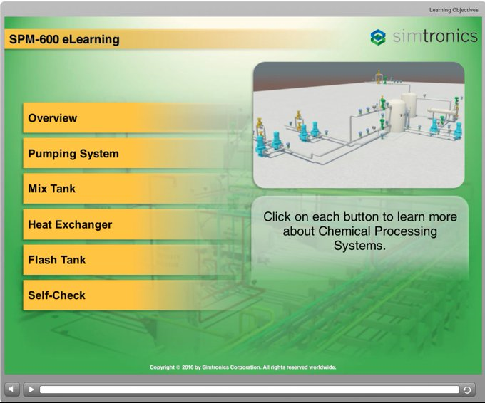 simtronicscorp's tweet photo. #Simtronics SPM e-Learning series was developed to address the need for trainees to quickly learn the process prior to using the simulator. The e-Learning is designed to be run as a stand-alone module or in a SCORM compliant LMS. Contact us to learn more! #OTS https://t.co/amvEQq0nJH