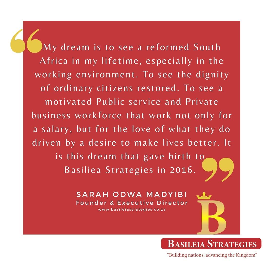 The dream that birthed Basileia Strategies 
#WednesdayWisdom #SocialMedia #PublicService #PublicServiceAndAdministration #PrivateBusiness #Workforce #EmployeeWellbeing #EmployeeWellness #BusinessServices #BusinessConsultant #BusinessDevelopment #BasileiaStrategies