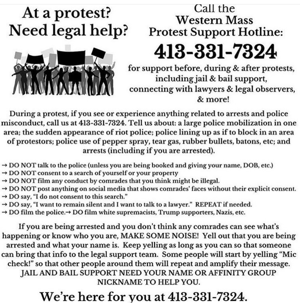 DerekPSiegel's tweet photo. If you're going to a protest in #WesternMass here are some key resources, reminders #Northampton #Greenfield #Amherst https://t.co/lvARF1J2as