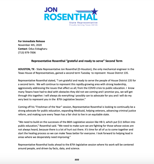 Jon_RosenthalTX's tweet photo. I am extremely grateful that the people of #HD135 has given me the honor of serving them for a second term. We are ready to get to work in the 87th Legislative Session and will do everything we can to make Texas equitable for all. #txlege https://t.co/KIBcSpC61p