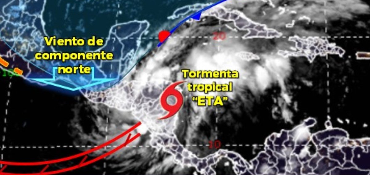 prjcx_fdn's tweet photo. 7 45 am Tormenta Tropical Eta sigue bordeando frontera Honduras /Nicaragua, con fuertes vientos (105 km/h) para nuestro país y lluvias más fuertes a partir de hoy.
Atravesara  Honduras por la Cordillera del Merendon, para buscar salida Caribe.
MIN18/MAX28°C https://t.co/b4C8VxgKyH