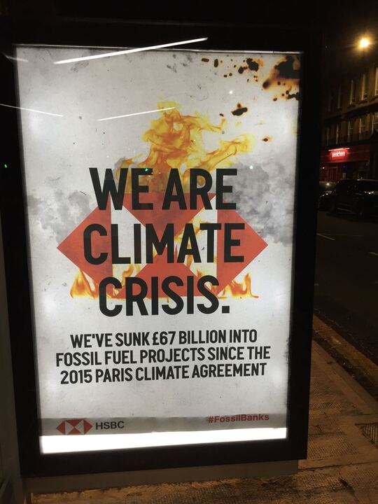 .<a href="/BrandalismUK/">Brandalism</a> tell us the real story about HSBC: £67bn poured into #fossilfuels since the Paris Agreement, funding detention centres in the US, racism, and destruction everywhere. 
We won't be fooled by HSBC's 'net zero commitment' - that's all #Greenwashing b***s**t!