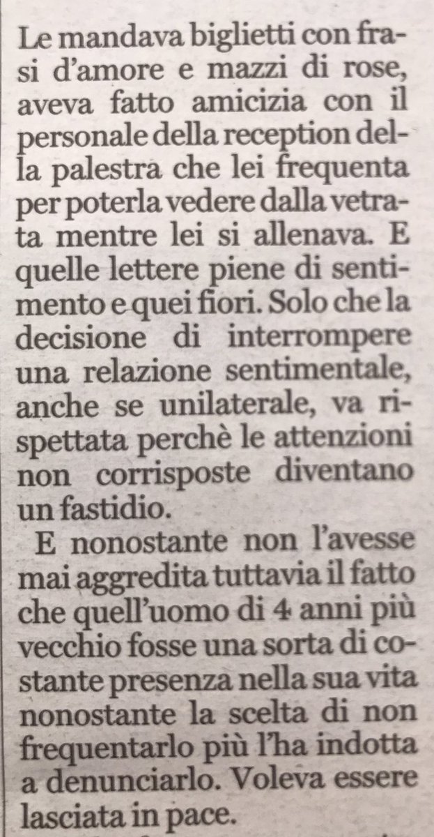 glsiviero's tweet photo. Una vicenda di stalking raccontata come una storia romantica. “Lo stalker gentile” “perseguitata con mazzi di rose” “nonostante non l’avesse mai aggredita l’ha denunciato” “finita la storia inizia il fastidio” @larenait #narrazionitossiche https://t.co/O02YSj6LTt