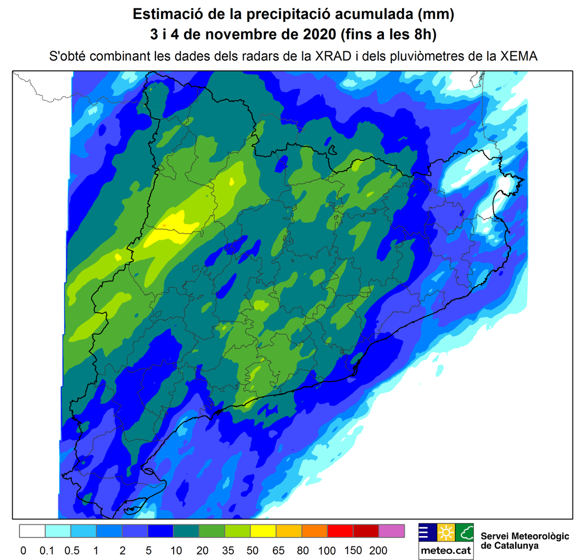 meteocat's tweet photo. Les últimes hores la precipitació ha estat gairebé general i ha deixat de 30 a 50 mm a diversos sectors de Ponent, a punts del Pirineu, al nord del #Tarragonès i al #Penedès. 

En canvi, la pluja ha estat inapreciable a sectors de l'#Empordà https://t.co/R9xEusaZpo