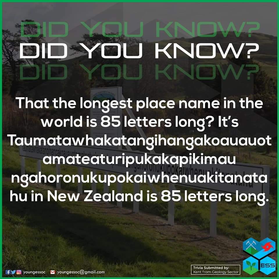 DID YOU KNOW?

Trivia by Kent from Geology Sector

Source:
THE LONGEST PLACE NAME IN NEW ZEALAND. (n.d.). Retrieved from newzealand.com/int/feature/th…
