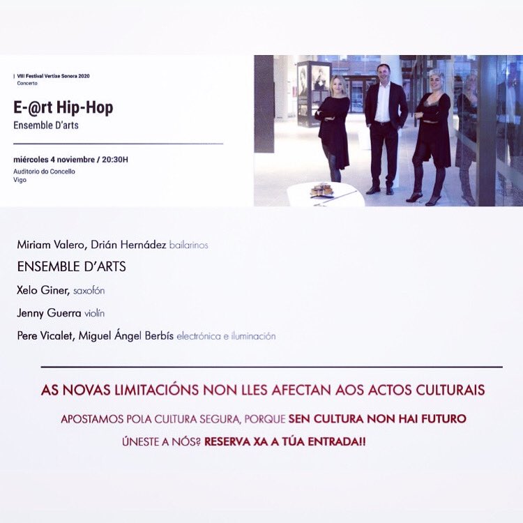 Esta tarde estrenamos una nueva producción de Ensemble d'Arts en el Auditorio de Vigo, donde la música contemporánea multimedia, vídeo, sistemas de iluminación y danza urbana se fusionan. Programados por Festival Vertixe Sonora.