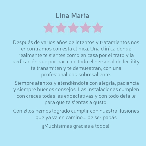 Estamos muy agradecidos de recibir vuestros comentarios acerca de la experiencia que habéis tenido en la clínica.

Os dejamos las bonitas palabras de Lina María, que pronto se convertirá en mamá. 💖

Podéis leer más testimonios en nuestra web fertilitymadrid.com/testimonios-pa…