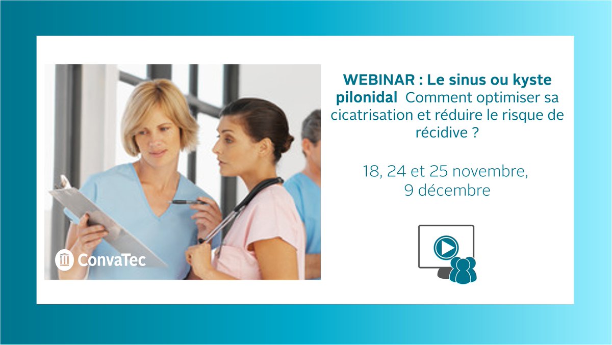 ConvaTecWoundFr's tweet photo. Vous êtes #professionnel de santé ? @ConvaTecFr organise le 18, 24 et 25/11 et 9/12 un #webinar autour de la #priseencharge du #sinuspilonidal. #PlaieEtCicatrisation
Inscrivez-vous dans l’application #CicaClic, rubrique Evènements (réservée aux pros de santé). https://t.co/vWJi0Maxei