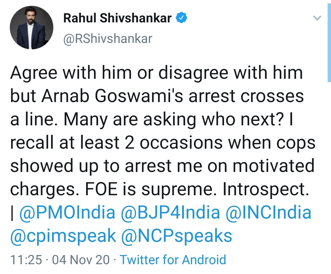thepeeinghuman's tweet photo. All news editors &amp; BJP IT cell then : 
Arrest Rhea Chakraborty in suicide case!!!! We want justice with no proof.

All news editors &amp; BJP IT cell now :
Detention of Arnab in suicide case where he's been named in the note is murder of democracy.

Maine kaha...hypocrisy ki bhi... https://t.co/PvxcQ3OhJ5