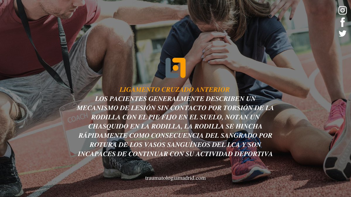 ROTURA LCA🤕🦵Los pacientes generalmente describen un mecanismo de lesión sin contacto por torsión de la rodilla con el pie fijo en el suelo.

📲 Más en cutt.ly/fgS9kUE