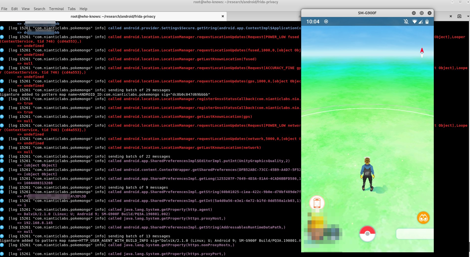 Marcus Mengs This Means Safetynet Protected Apps Could Be Early Instrumented With Frida The Screenshot Shows Pokemon Go As An Example Terminal Window Has Live Logs From Hooked Methods T Co Z0xvcvxl0i