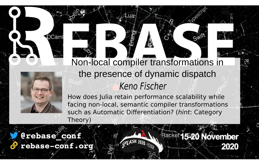 How does Julia do non-local semantic compiler transformations? Talk by <a href="/KenoFischer/">Keno Fischer</a>, discussion moderated by <a href="/simonpj0/">Simon Peyton Jones</a> - streamed for free at <a href="/rebase_conf/">Rebase Conf</a> <a href="/splashcon/">SPLASH Conference</a> <a href="/PLMentoring/">Programming Languages Mentoring Workshop</a> <a href="/ECOOPconf/">ECOOP’26 Conference</a>