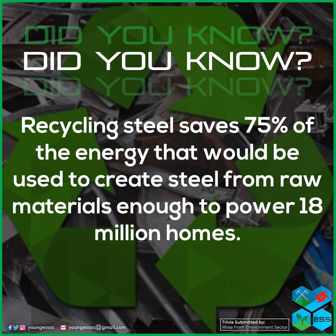DID YOU KNOW?

Recycling steel saves 75% of the energy that would be used to create steel from raw materials enough to power 18 million homes.
- Rhea Bataller from Environment Sector

Source:

Recycling Steel. (n.d.). Retrieved from beginwiththebin.org/recycling/stee…