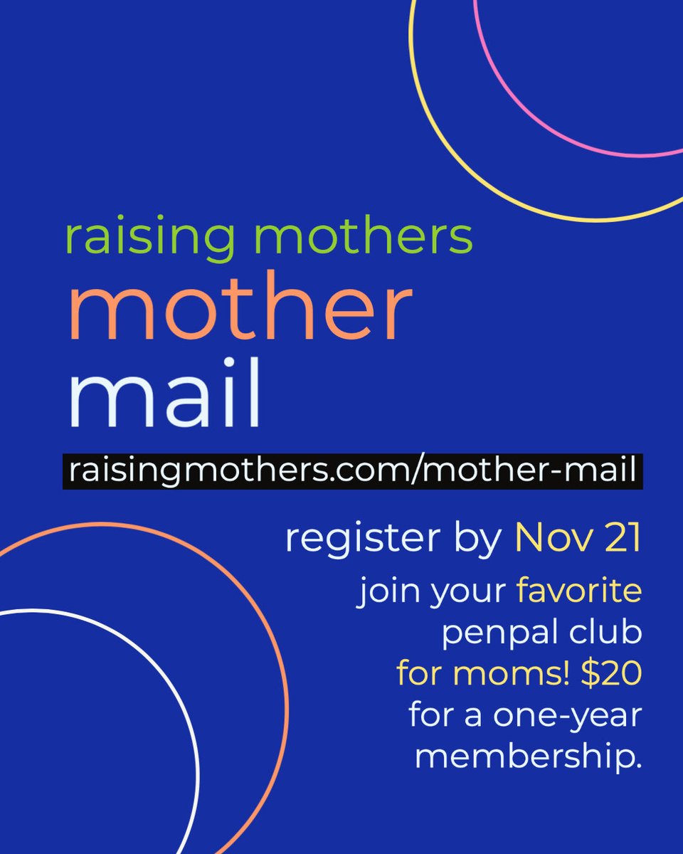 RaisingMothers's tweet photo. Mother mail is back! Or, here for the first time if you’re new to us. I’ve hosted a pen pal swap for moms 5 times now over the years and they have been super fun. 

Tag someone who would enjoy this below! 
SIGN UP BEFORE NOV 21: https://t.co/VUs0XsCSLm
1/3 https://t.co/m349XpewZP