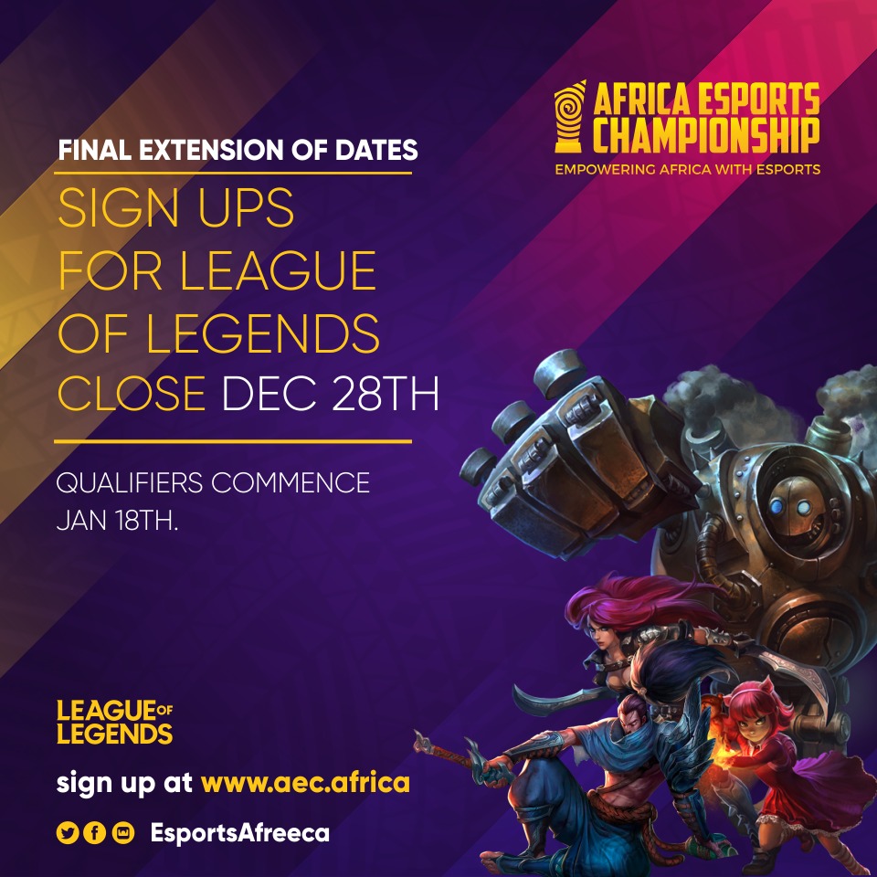 Attention #LeagueOfLegends gamers! Registrations for #AEC2020 have been extended for the final time to Dec. 28. If you have still not registered for the competition...What are you waiting for Sign up now and Become a Legend!!!