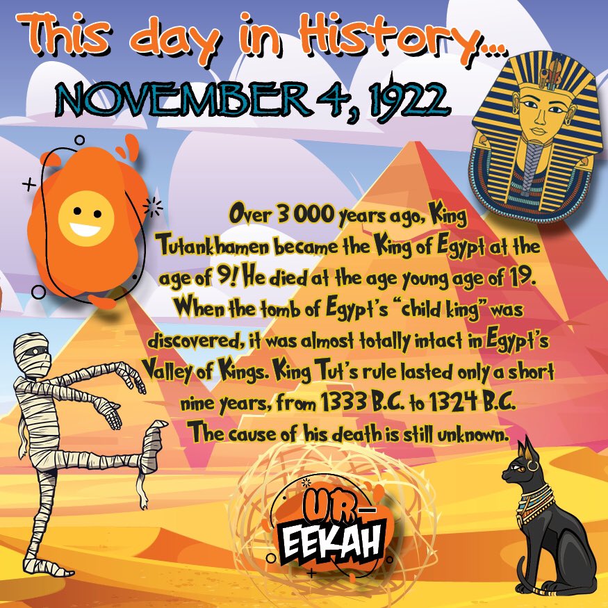 UR_Eekah's tweet photo. #thisdayinhistory King Tutankhamen’s tomb was discovered almost in tact! 
How should you celebrate this day? Spend a little time with your nose in the Egyptian history books of course!🤓 Happy King Tut Day!🥳

#ureekah #letusdiscover #factoftheday #history #ancientegypt #pharoah https://t.co/tmff3JEAcK