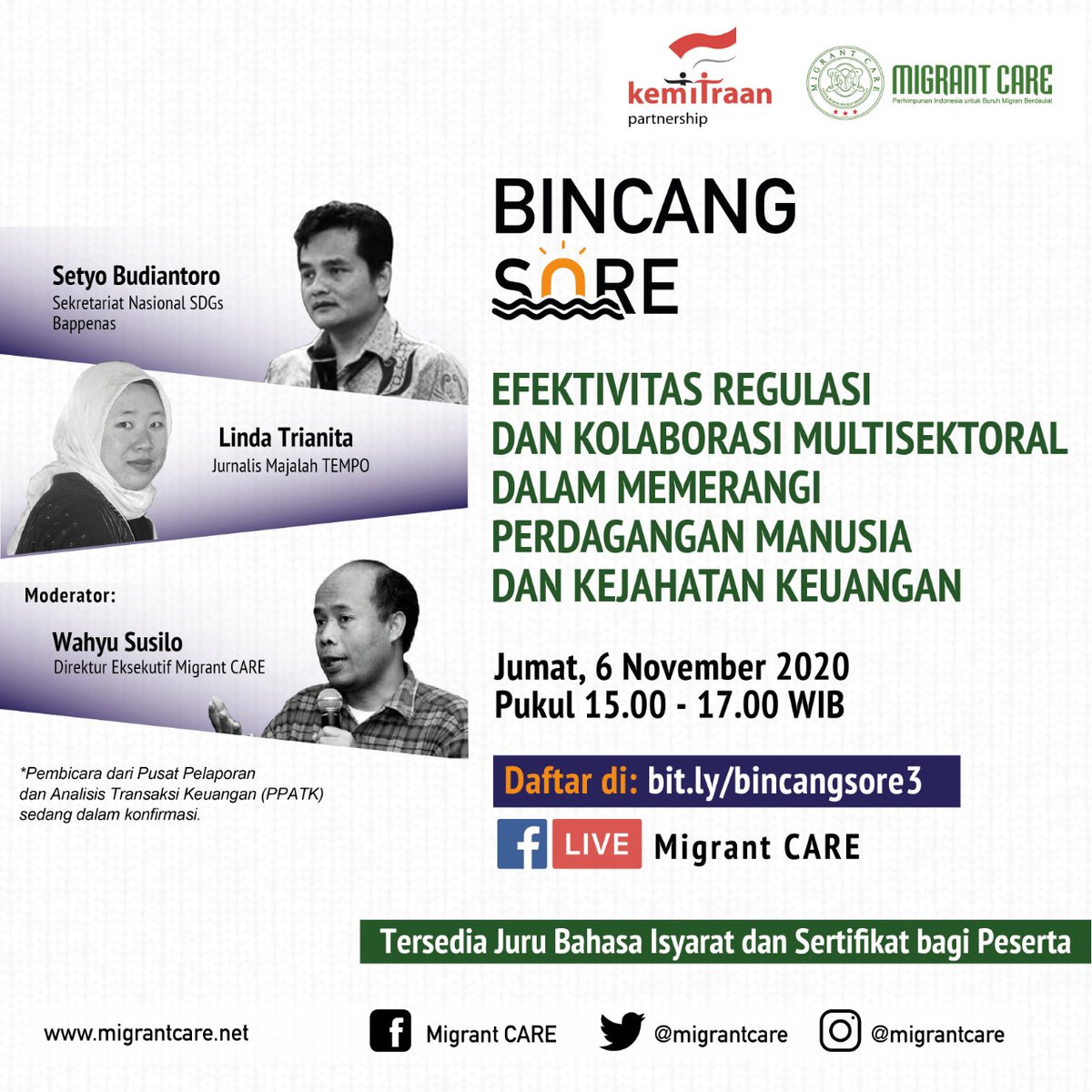migrantcare's tweet photo. Minggu ini #BincangSore akan kembali membahas seputar illicit financial flows & human trafficking dengan menghadirkan pembicara dari Sekretariat Nasional SDGs, TEMPO, serta PPATK. Catat waktu dan link registrasinya!
#migrantcare #iCAREmigrantWORKERS #act4sdgs #sdgsaction https://t.co/KSPmnJDJt0