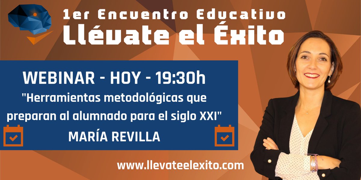 👉 ¡Seguimos aprendiendo! Ya está aquí el 2º Webinar de <a href="/llevateelexito_/">1er Encuentro Educativo: Llévate el Éxito</a> 

📆 Hoy - 04/11/2020

🕢19:30h (Hora española)

🎙️ María Revilla: "Herramientas metodológicas que preparan al alumnado para el S.XXI"

✅ Si aún no te has inscrito, hazlo a través de la Web. ¡Te esperamos!