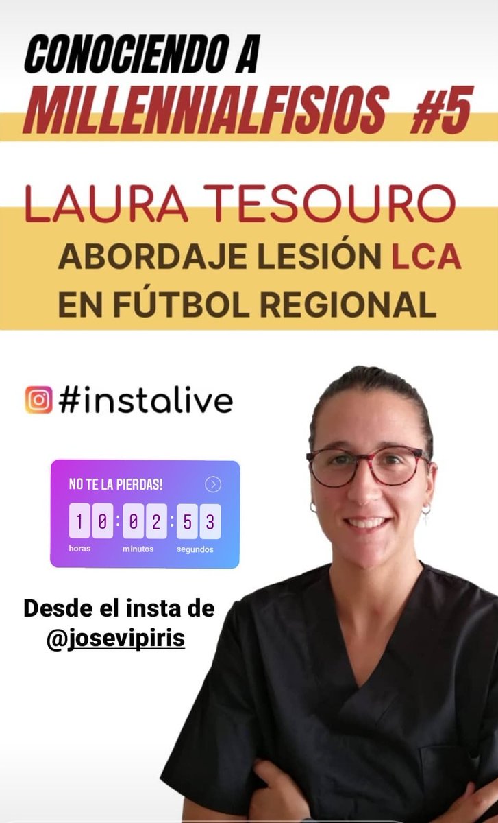 Hoy a las 20.30 h directo en #Instagram con la fisioterapeuta <a href="/lauratesouro/">Laura Tesouro</a> hablando de lesión de #LCA en fútbol regional. ¡No os lo perdáis!