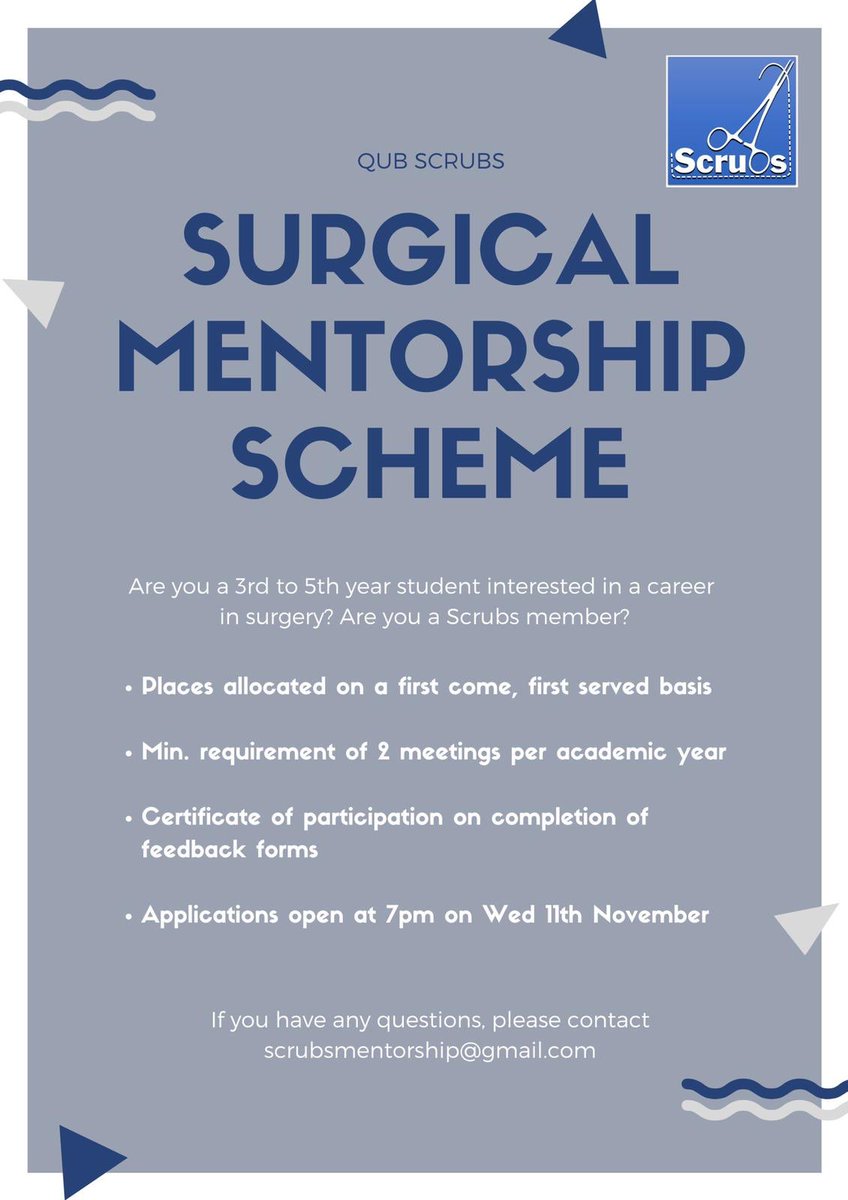 qubscrubs's tweet photo. 7 days before:
📣 Calling all 3rd-5th years interested in surgery! 📣 

Scrubs are delighted to announce their brand new Surgical Mentorship Scheme.

Applications open on Wednesday 11th of November at 7pm. You must already be a member of Scrubs to be eligible. https://t.co/odlW1kzqHg