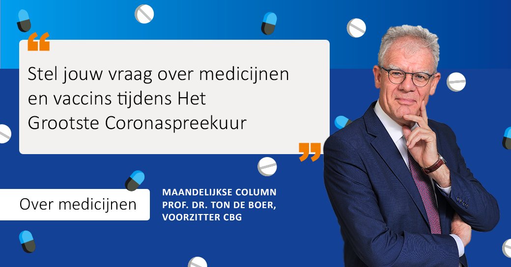 MedicijnNL's tweet photo. "Er is veel behoefte aan informatie over coronamedicijnen en -vaccins. Daarom geven we tijdens Het Grootste #Coronaspreekuur graag antwoord op vragen die bij mensen leven." zo schrijft voorzitter Ton de Boer in zijn column. 👉https://t.co/zRM0AuXesT Kijk jij morgen om 19:30u ook? https://t.co/5Nxx7GDUSY
