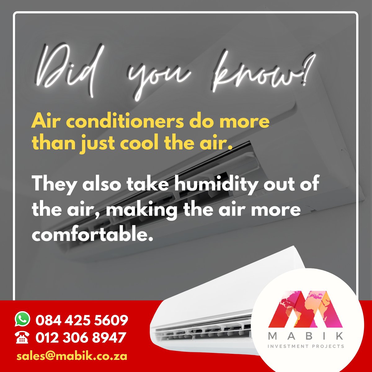 Mabik_Projects's tweet image. We all love living in #comfort, don’t we? Well did you know that there are more benefits of air conditioning than just cooling? Air conditioning can also provide us with #safety and better quality of life in our own homes.