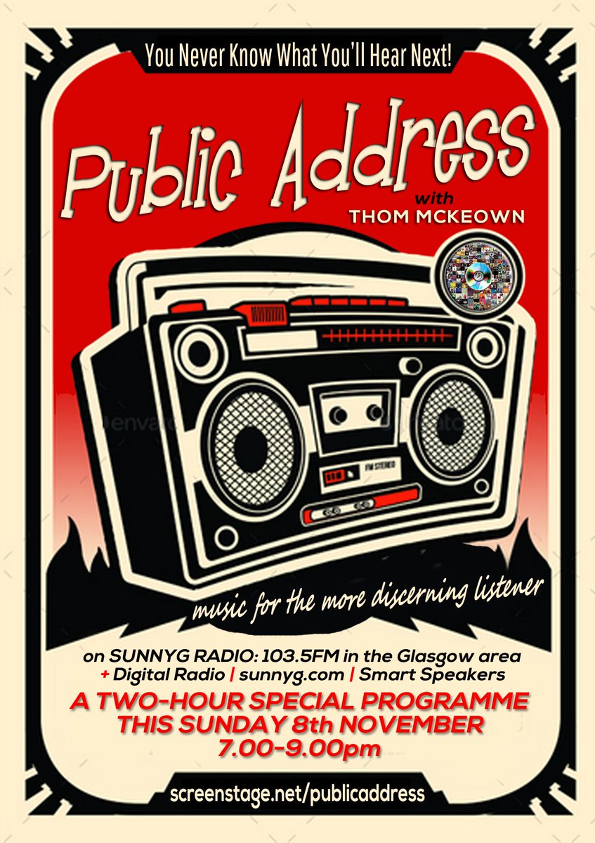 screenstage's tweet image. To hell with the Strictly results on BBC1 - this Sunday tune-in to a 2-hour special of Public Address with Thom McKeown 7-9pm on SunnyG radio. In Glasgow: 103.5FM or elsewhere in the world (including Glasgow!): Digital Radio, online: sunnyg.com or on Smart Speakers