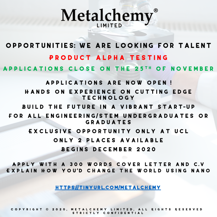 uclentrepreneur's tweet image. Calling engineering/ STEM undergraduates/ graduates from all branches! @Metalchemy1 is looking for talent to join them as a product alpha tester!

Apply now: tinyurl.com/metalchemy  

#metalchemy #nanotech #nanomaterials #sustainability