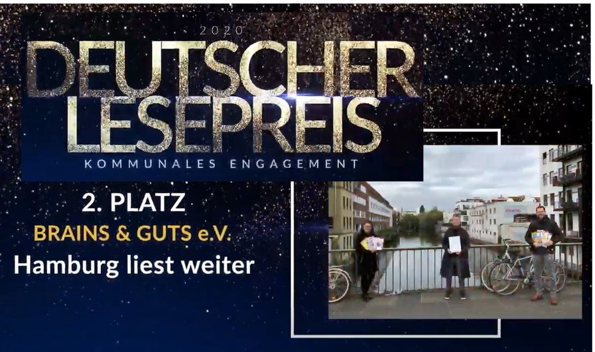 Wir freuen uns sehr über den 2. Platz von 
<a href="/HHLiestWeiter/">Hamburg liest weiter</a> beim Deutschen #Lesepreis 2020 in der Kategorie „Herausragendes kommunales Engagement“. Danke @StiftungLesen <a href="/CoBaStiftung/">Commerzbank-Stiftung</a> &amp; Glückwunsch an alle Preisträger! Alle Infos: brainsandguts.org/2020/11/04/dlp