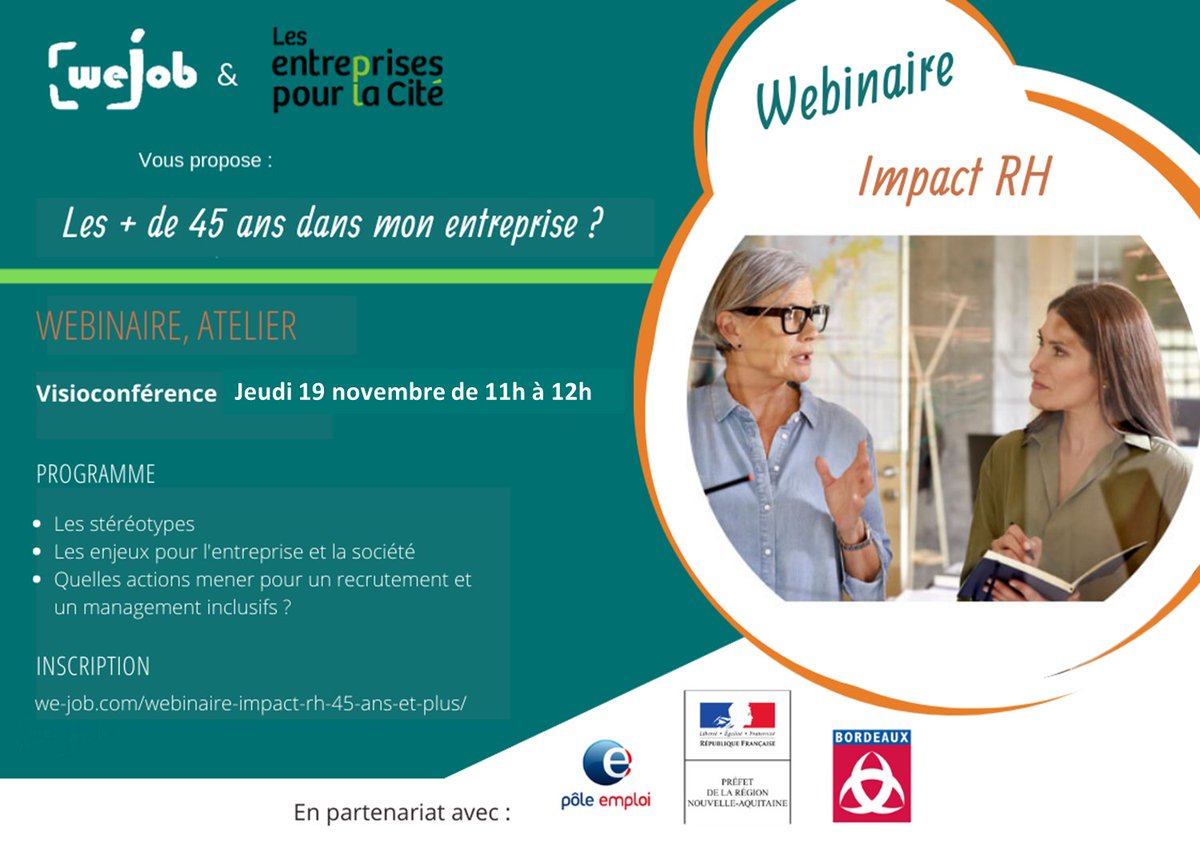 [fonction #RH #nondiscrimination ] Webinaire #ImpactRH  ac <a href="/LepC_SO/">EntreprisespourCité</a> : 19/11 à 11h
1h pr partager 1 diagnostic et établir des possibilités d'actions. Thème : Les + de 45ans dans mon entreprise ?
GRATUIT ac @poleemploi_NA <a href="/DireccteAquit/">Direccte Aquitaine</a> 
Inscription: we-job.com/actualites/