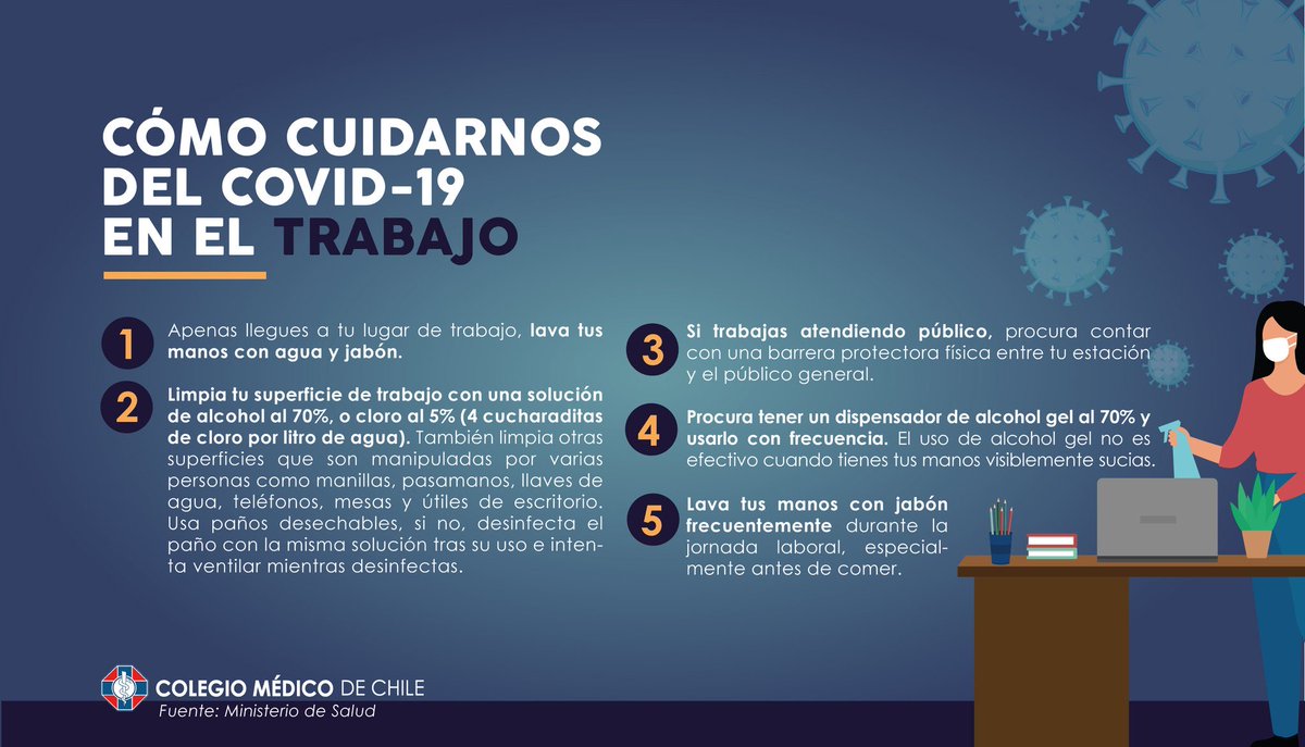 colmedchile's tweet photo. Recordemos que el virus sigue entre nosotros hasta que no tengamos una vacuna debemos continuar con las medidas de autocuidado, por eso si tienes que retornar presencialmente a tu lugar de trabajo te compartimos estas recomendaciones para prevenir un posible contagio. https://t.co/kBriSY1vru