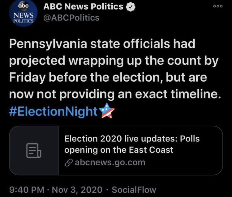 Biden just pulled ahead in Wisconsin and is gaining ground in Michigan. PA is the tricky one, but if Biden flips these states then he doesn’t need PA. Also, Georgia and North Carolina showed up and still going!