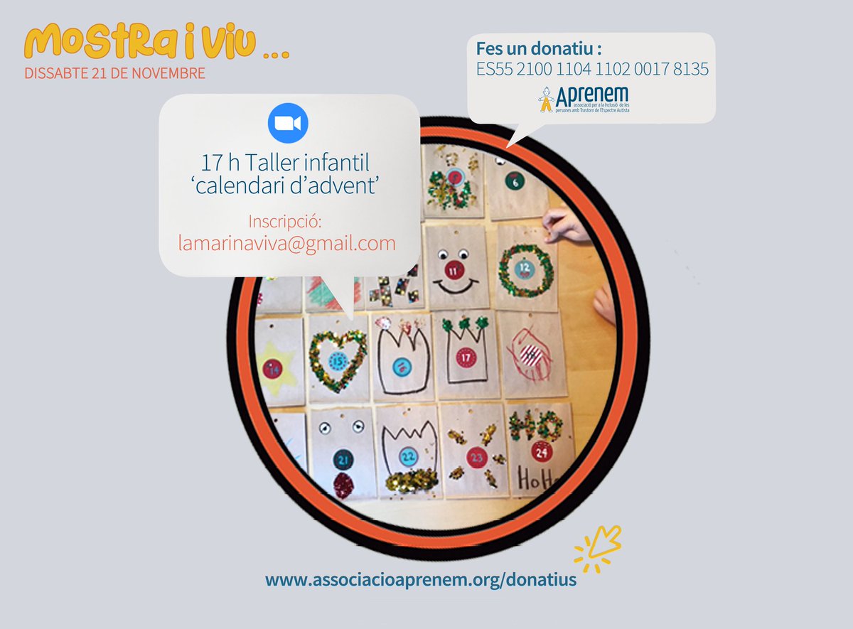 La Marina Viva (@lamarinaviva) on Twitter photo Fem un calendarin d'advent? Taller infantil pel #MostraiViu... <a href="/AprenemAutisme/">Associació Aprenem Autisme</a> Podeu fer inscripció per MD o per correu a lamarinaviva@gmail.com Fem un calendarin d'advent? Taller infantil pel #MostraiViu... <a href="/AprenemAutisme/">Associació Aprenem Autisme</a> Podeu fer inscripció per MD o per correu a lamarinaviva@gmail.com