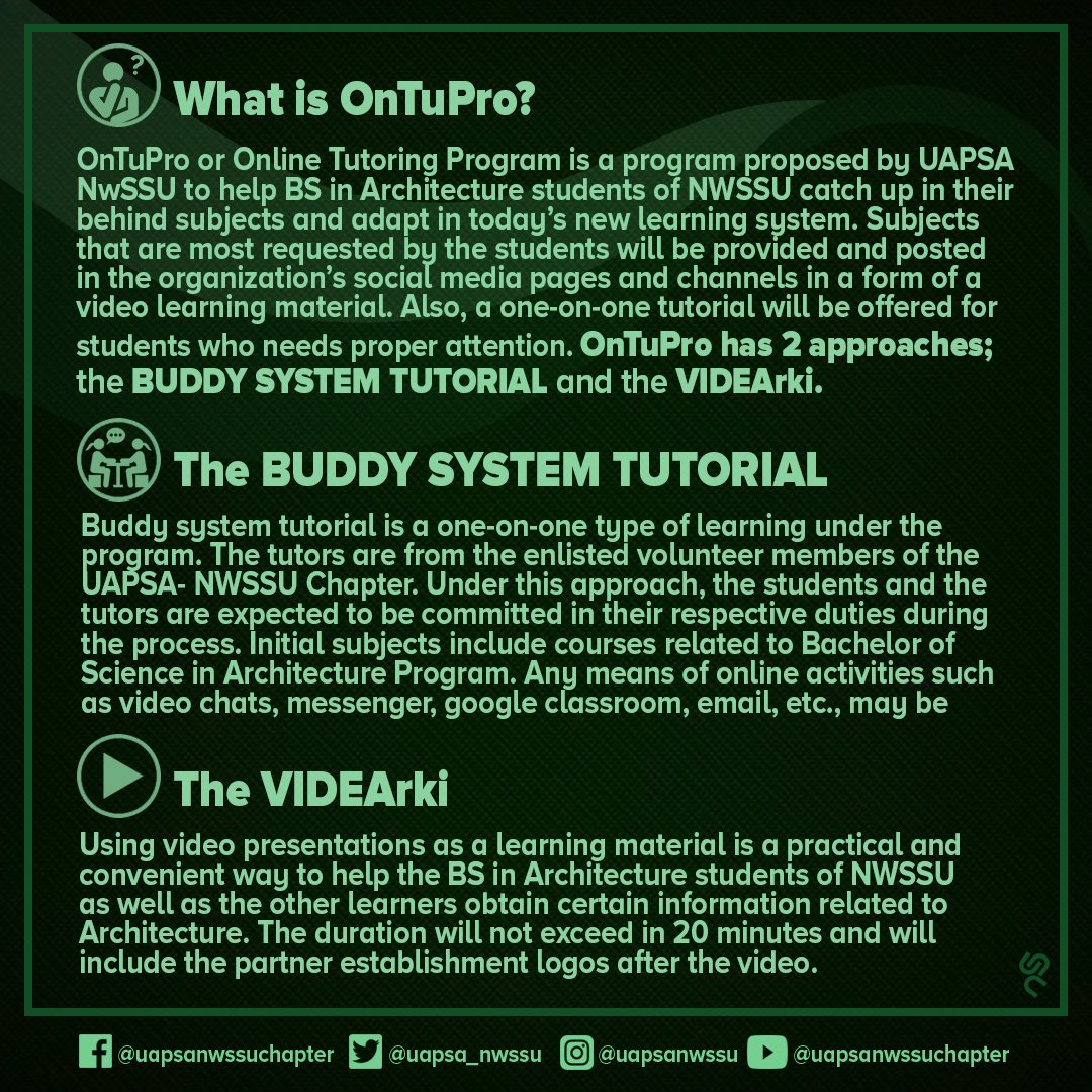UAPSANWSSU's tweet photo. Hey Freshies! Find it hard studying in these times? Well we got you covered in the UAPSA OnTuPro (Online Tutorial Program).

Calling all first year students of UAPSA NwSSU to engage and register NOW. Tutorials last until the next semester.

Happy learning everyone!

#onewithUAPSA https://t.co/lFPQrFFUd2