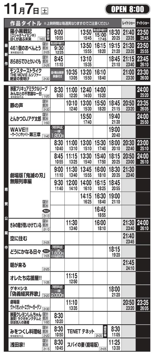 T ジョイ京都 上映スケジュールのご案内 11 6 金 11 12 木 の上映スケジュールです 11 6 金 公開作品 モンスト映画 461個のおべんとう おらおらでひとりいぐも 11 7 土 公開作品 ロシャオヘイセンキ T Co Dhmvznfdoh