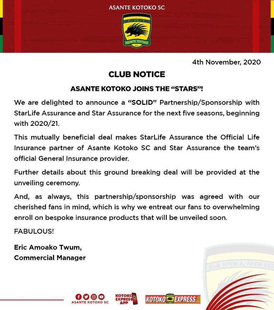 KotokoExpress's tweet photo. @AsanteKotoko_SC delightfully announce a SOLID partnership / Sponsorship with StarLife Assurance and Star Assurance for the next five seasons, beginning with 2020/21. https://t.co/pzwj34mhPJ