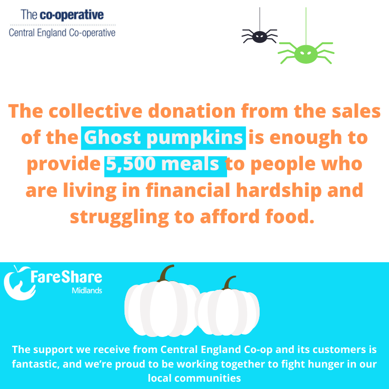 Thank you to everybody who purchased a Ghost Pumpkin from <a href="/mycoopfood/">Central Co-op Food</a> this Halloween! 

The donations from the sales are enough to provide 5,500 meals to people living in financial hardship and struggling to afford to eat.

#CEC #FightHunger #TackleFoodWaste #FareShareMidlands