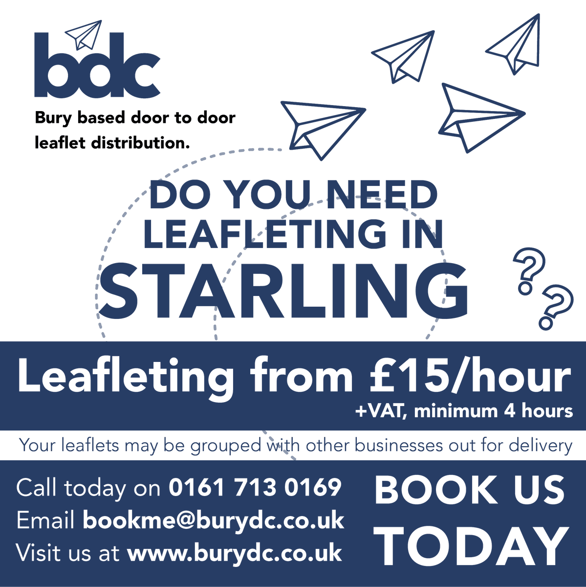 📮 Leafleting from £15/hour +vat (minimum 4 hours)
Do you need #leafleting in #Starling ?
☎️ Call today on 0161 713 0169
📥 Email bookme@burydc.co.uk
🖥️ Or visit burydc.co.uk