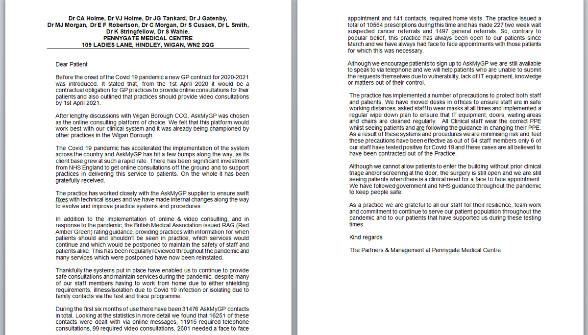 PennygateMC's tweet photo. On the eve of our second national lock down please see this letter to our patients which hopefully answers some questions and alleviates concerns that they may not be able to access services during this period. #covid19 #nationallockdown #GPpracticesopen #AMGP #onlineconsulting https://t.co/EWGI6CprMS