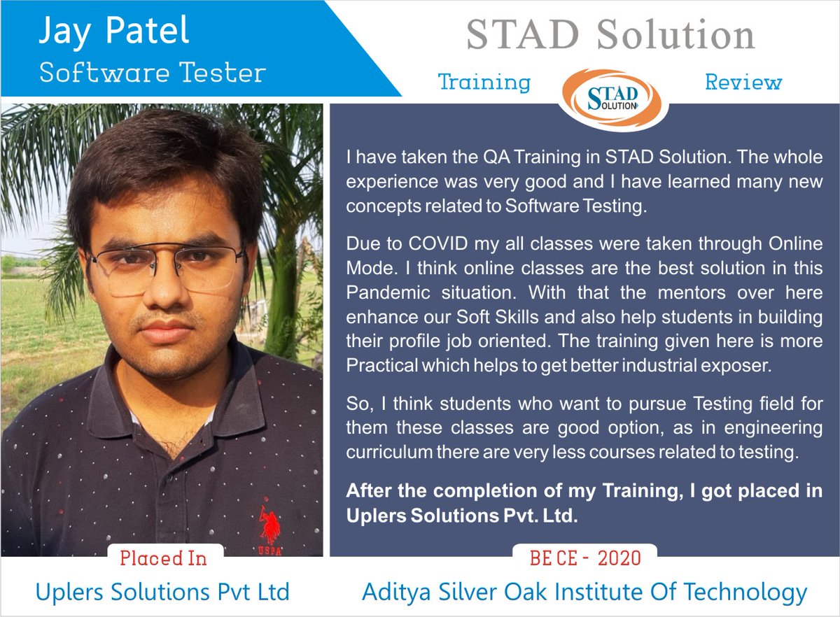 STAD_Solution's tweet image. #Review -Online Software Testing Training from #STAD_Solution
#IT #fresher #Jobs #Placement #Ahmedabad #PHP #JAVA #QA #Android #Training #SoftwarTesting  #JobPlacement #JobGuarentee #PlacementGuarentee #pune #LiveProjectTraining #gtu #Python #traningandplacement #digitalmarketing