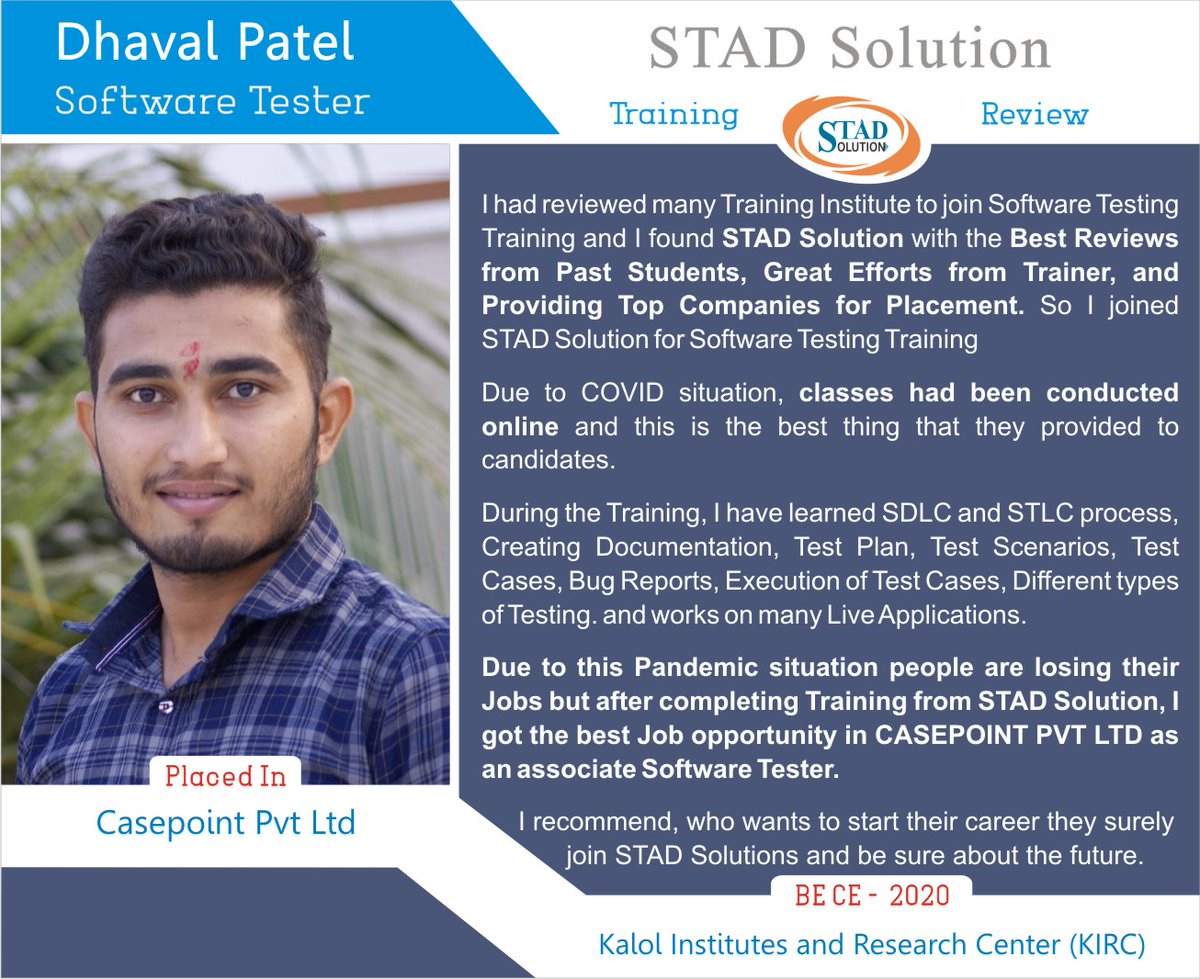 STAD_Solution's tweet image. #Review -Online Software Testing Training from #STAD_Solution
#IT #fresher #Jobs #Placement #Ahmedabad #PHP #JAVA #QA #Android #Training #SoftwarTesting  #JobPlacement #JobGuarentee #PlacementGuarentee #pune #LiveProjectTraining #gtu #Python #traningandplacement #digitalmarketing