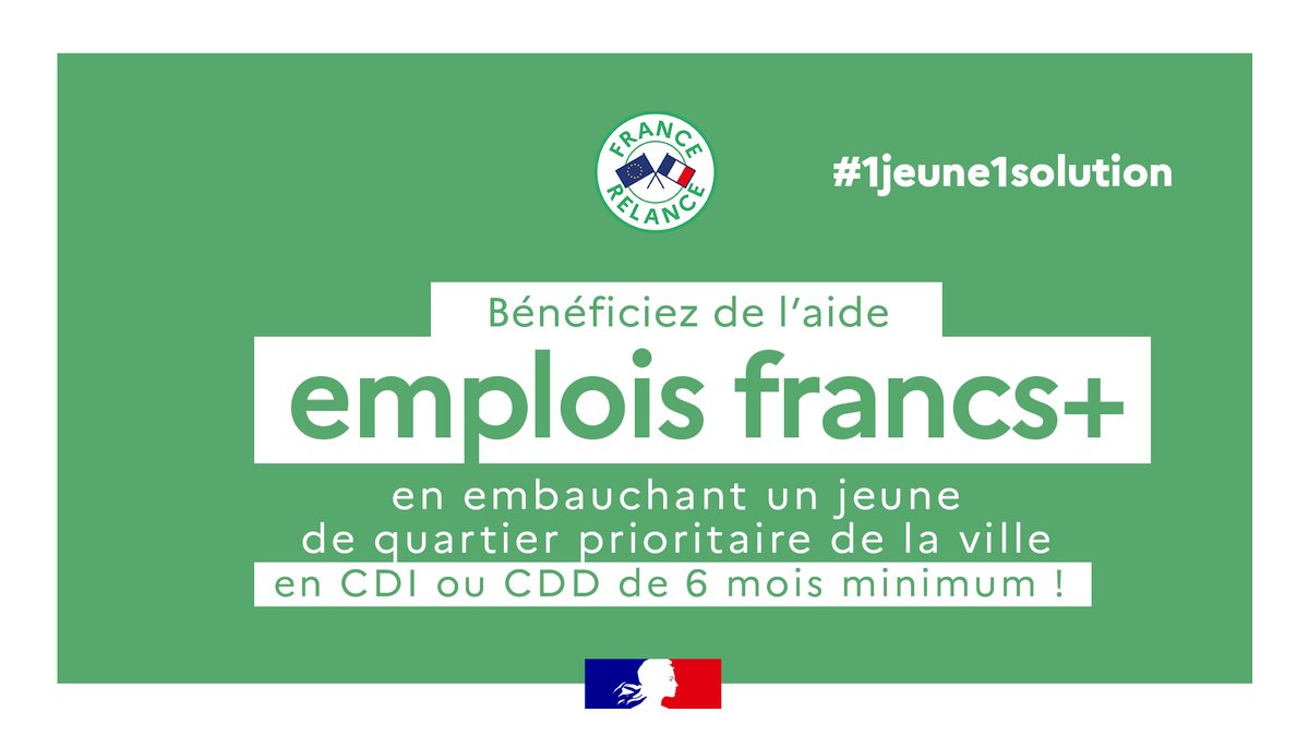 Connaissez-vous emplois francs+ ? 🧐
Cette aide à l’embauche concerne les personnes venant des quartiers prioritaires et elle est depuis peu revalorisée pour les jeunes de moins de 26 ans ! 👍
Plus d’informations : travail-emploi.gouv.fr/emploi/emplois…
#Recrutement #emploifranc #jeunes