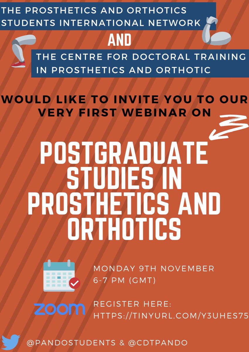 PandOstudents's tweet photo. Thrilled to announce our first webinar with @CDTPandO! Come along if you have any questions or if you want to know more about the CDT programme and the students’ journeys from undergrad to postgrad 🎓 Register here 👉🏼 https://t.co/kfa3Q74oma 
#Prosthetics #Orthotics https://t.co/foVYHROVP1