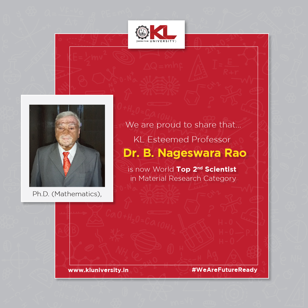 klhuniversity's tweet photo. Our Salutations to Dr.B Nageswara Rao, Prof. in Mechanical Engg Dept of KL deemed to be University for "Ranking World 2nd in Material Science Research"
#KLU #kluniversity #wearefutureready #mechanicalengineering #materialscienceresearch #scientist #professor #materialscience https://t.co/MNVOeCe1tB