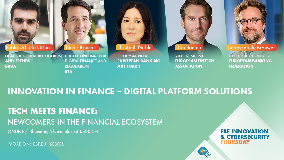 🗣️Join us tomorrow, 5 Nov at 15:00 CET, and hear from our panel "Innovation in finance – digital platform solutions" as part of the 'Tech meets finance: newcomers in the financial ecosystem' online conference.

🔴Registration open: ebf.eu/events/tech-me…