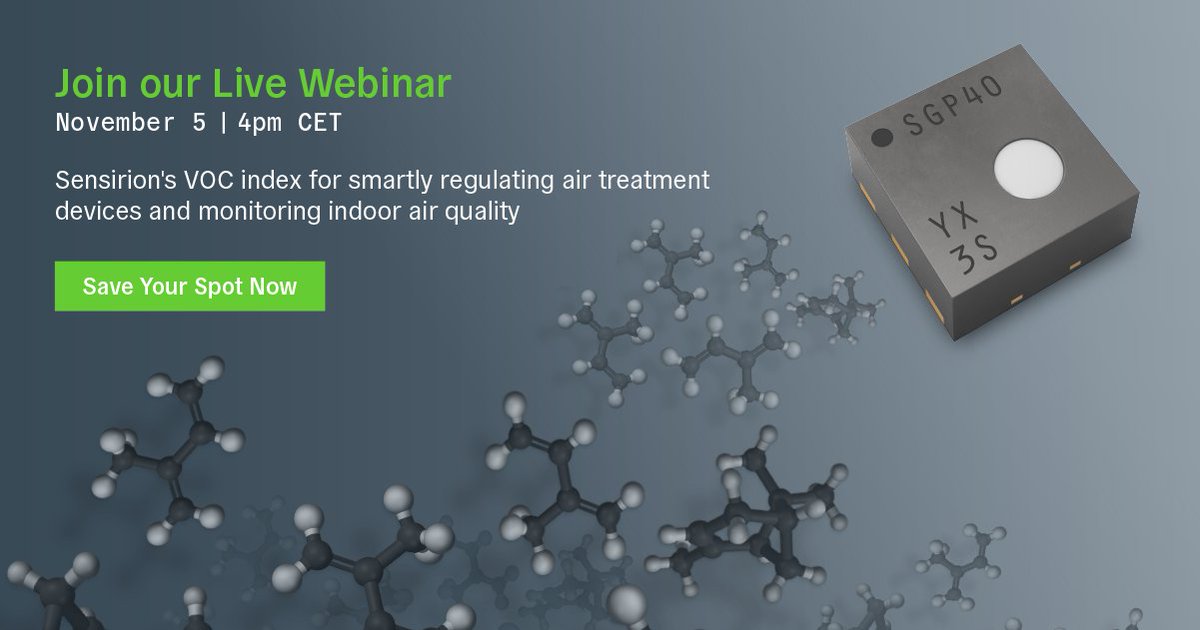 sensirion's tweet photo. Don't miss our #live #webinar tomorrow at 4pm (CET)! 
We will talk about Sensirion's #VOC #Index for smartly regulating #airtreatment devices and #monitoring #IAQ.

Save your spot now:  https://t.co/4Tri6M3Gii 
**Registration deadline: today at 4pm (CET)

#SensirionOnAir #SGP40 https://t.co/7IzW1yiAQO