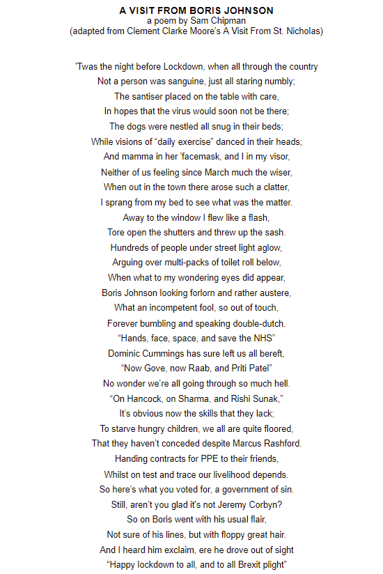 samchipman's tweet photo. I wrote a poem, take a read

#Lockdown #UKLockdown2 #Twasthenightbeforelockdown #BorisJohnson #Covid19 #lockdownUK #LockdownEve #LockdownChristmasSongs https://t.co/SvVehsX2K9