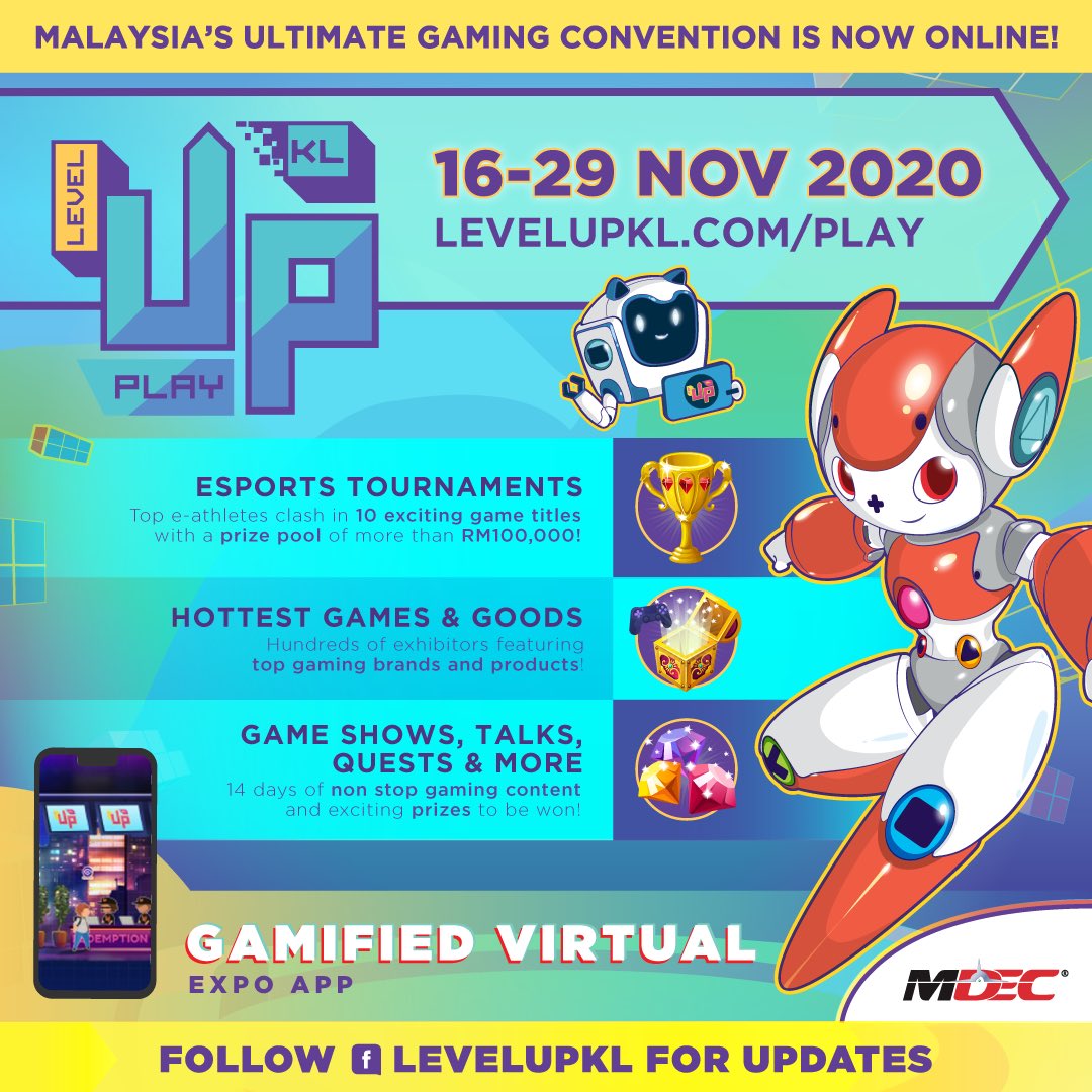 levelupkl_my's tweet photo. LEVEL UP KL 2020: PLAY DAY - the Ultimate Games Convention is back and will going online on the 16 - 29 November 2020. All you need is the gamified virtual expo app and you are good to go. Save the dates, get the app and join in the fun!  #levelupkl #levelupmy #mdec #playday https://t.co/A45ZbN2Tlk